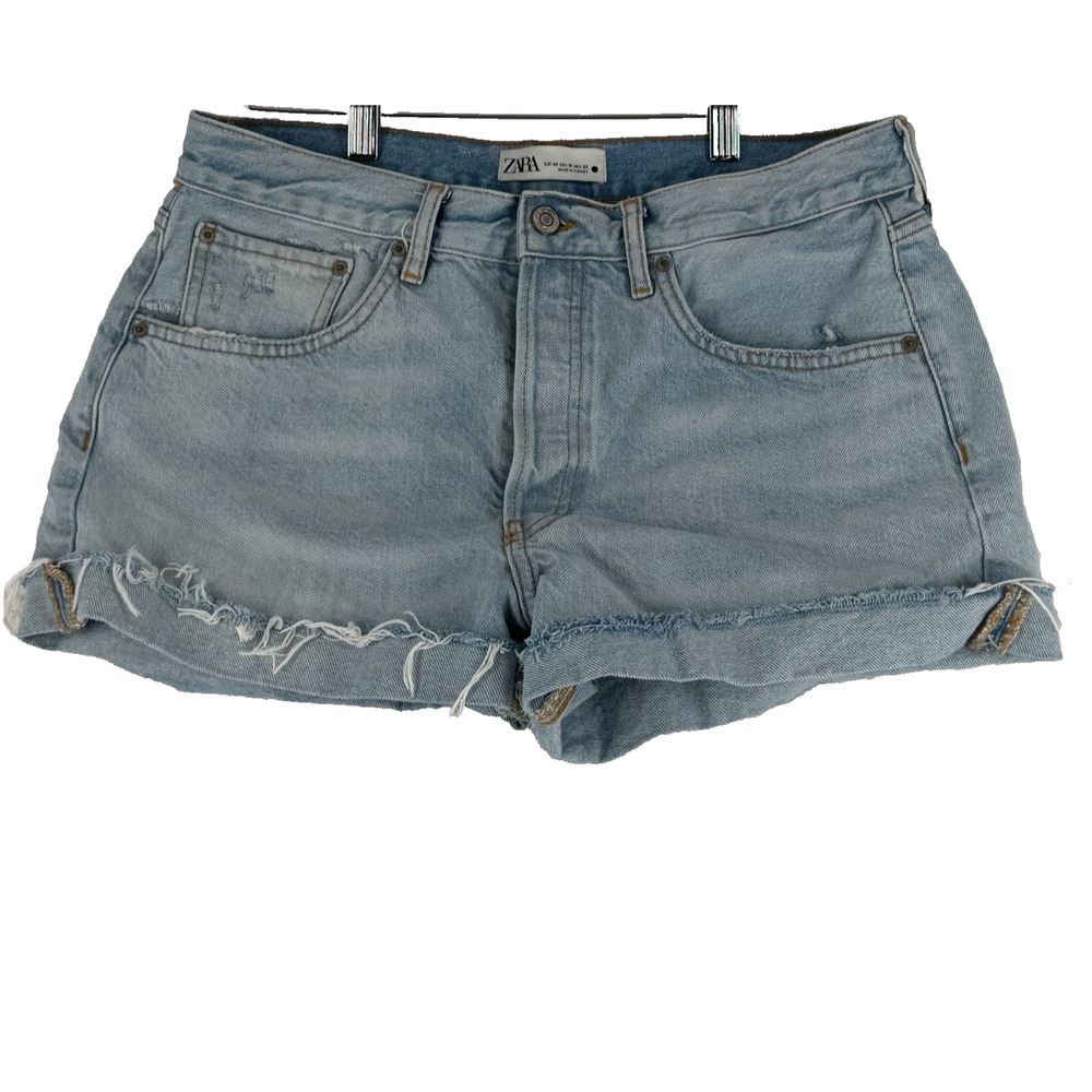 ZARA Denim Shorts Womens Size 10 High Rise Distressed Button Fly Light Wash Jean